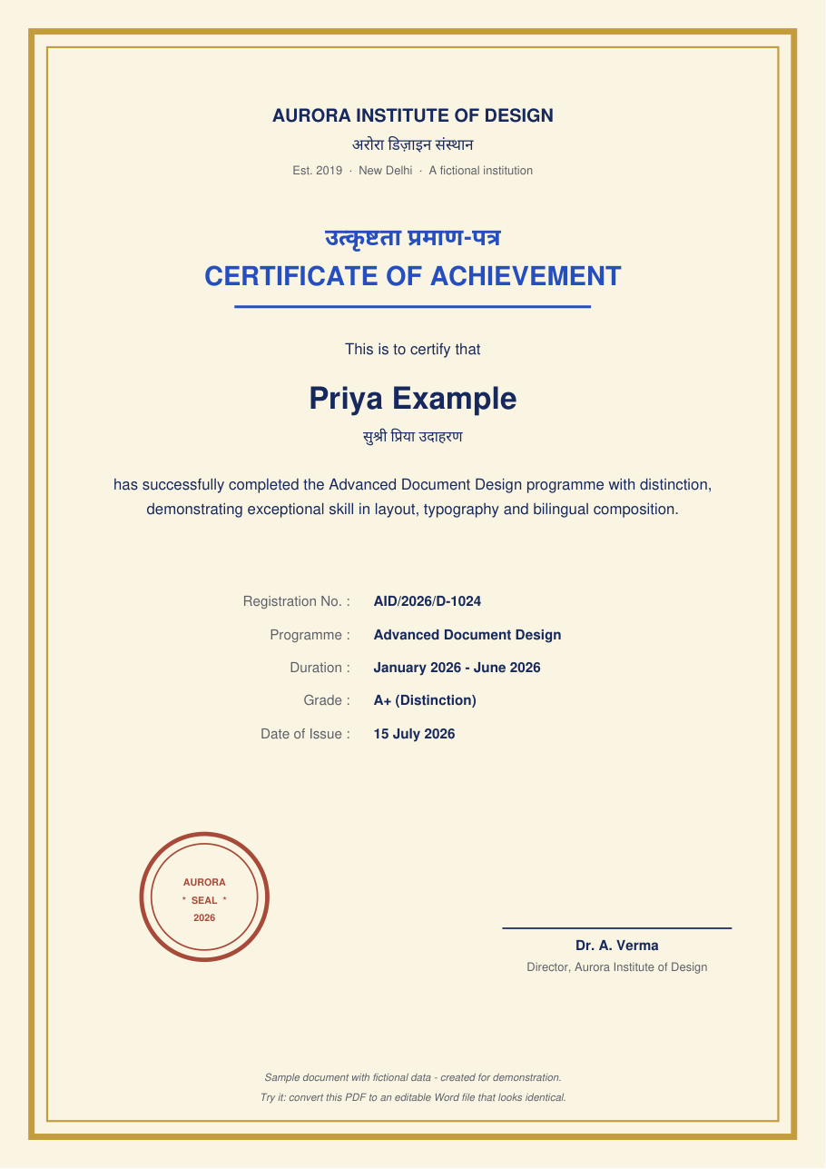 Original PDF: a designed bilingual sample certificate